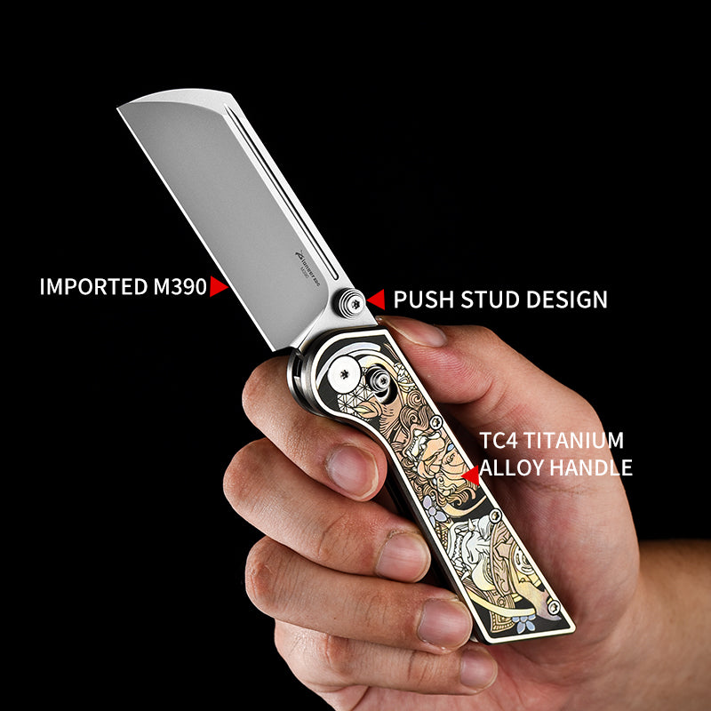 PioneerEDC New Design M390 Folding Knife Titanium Handle Outdoor Pocket Knife Engraved Titanium Knife for Collection