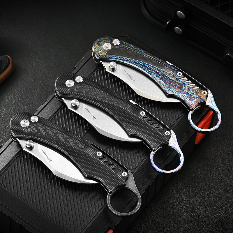 PioneerEDC TC4 Titanium Alloy Camping Folding Knife lighting blue Titanium knife with carbon fiber patch