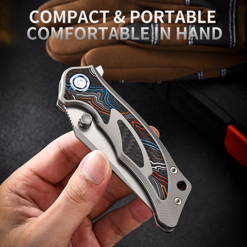 PioneerEDC Luxury Damascus G10 Patten Titanium Pocket Knife Hand Forged Finish Blade Titanium Tactical Knife for Camping