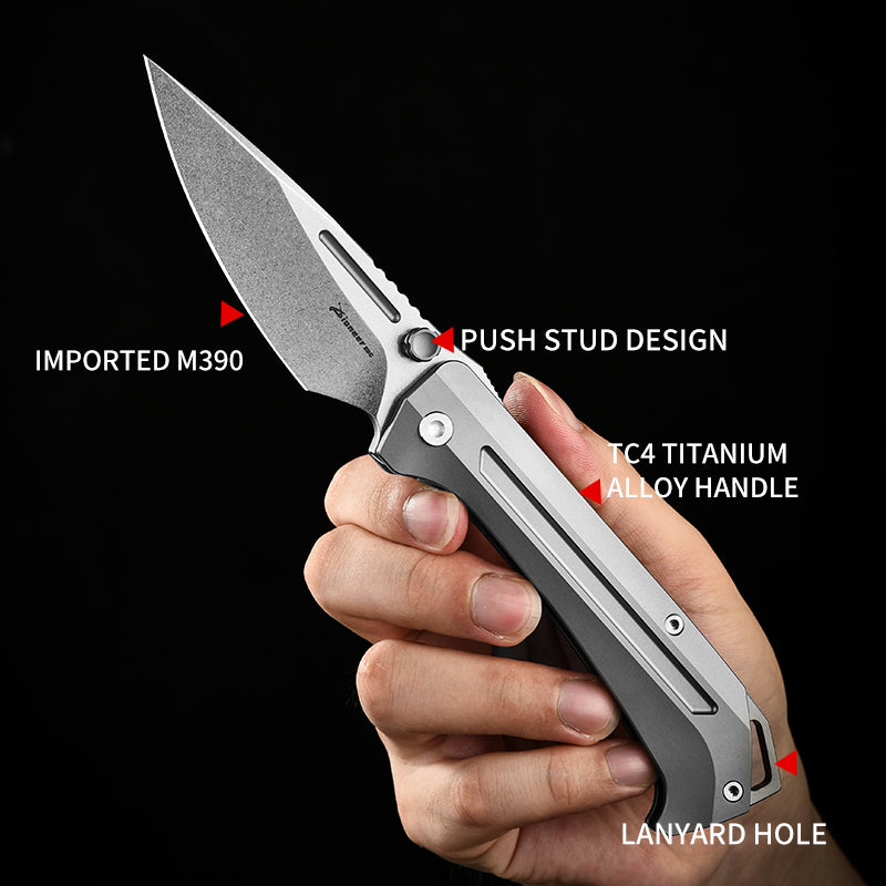 PioneerEDC Titanium Outdoor Folding Pocket Knife M390 Plain Edge Titanium Alloy Handle Self Defence Hunting Knife Men's Knife