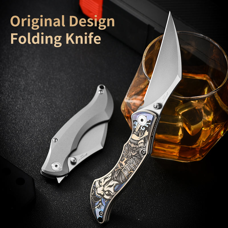 PioneerEDC Titanium Alloy M390 Folding Knife Color-Engraved Portable Outdoor Small Knife Stainless Steel Survival Knife