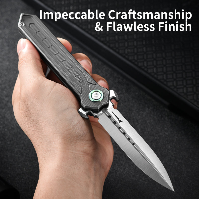 PioneerEDC Tactical Titanium Folding Knife-D2 Steel Blade Stone Wash EDC Pocket Knife 3-Year Warranty