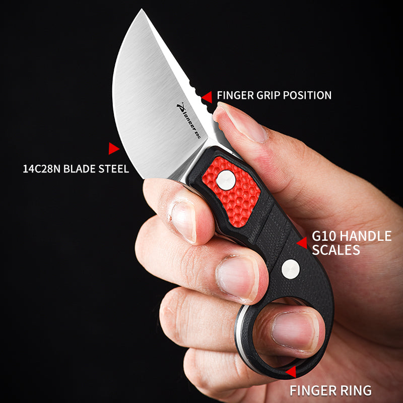 PioneerEDC Ringed Small Pocket Knife Fixed Blade Custom logo Knife 14C28N Steel Blade G10 Handle Self Defense Fixe Blade Knife