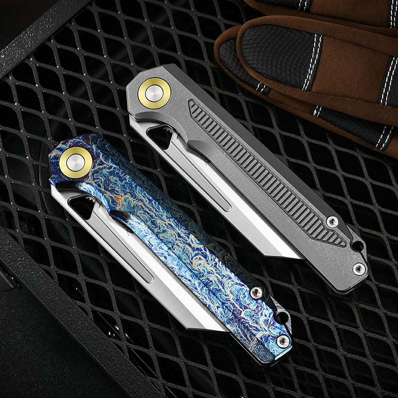 PioneerEDC 2026 Original Design Titanium Pocket Knife Straight Back Titanium Edc Folding Knife D2 Premium Titanium Blue Knife