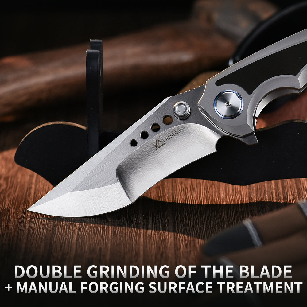 PioneerEDC Titanium Folding Knife Handmade Framelock Titanium Handle Knife Elmax Flipper Knife Titanium with Zirconium Patch