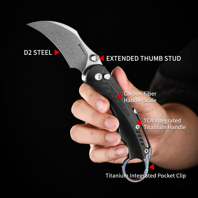 PioneerEDC TC4 Titanium Alloy Camping Folding Knife lighting blue Titanium knife with carbon fiber patch