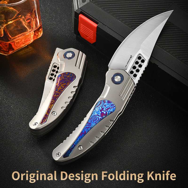 PioneerEDC DIY Titanium Fold Knife M390 Damascus Titanium Handle Outdoor Tactical EDC Pocket Knife