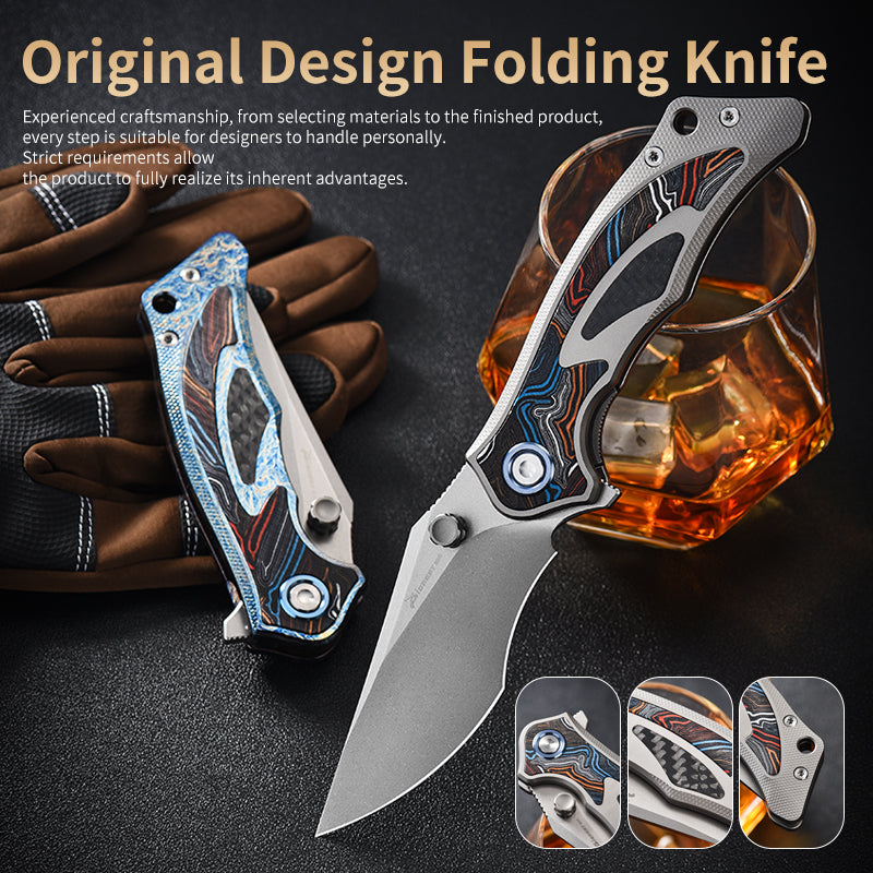 PioneerEDC Luxury Damascus G10 Patten Titanium Pocket Knife Hand Forged Finish Blade Titanium Tactical Knife for Camping