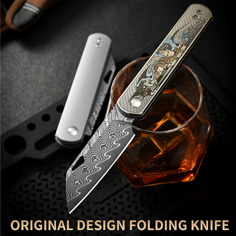 PioneerEDC Folding Knife TC4 Titanium Alloy Damascus Steel Knife Colorful Carving Portable Outdoor Folding Titanium Knives China