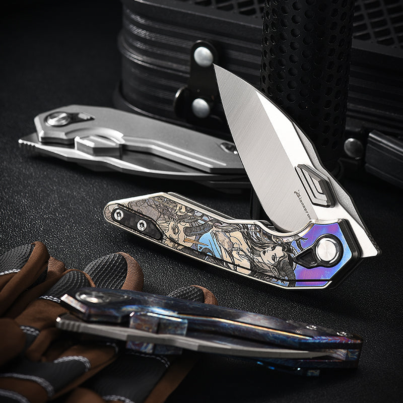 PioneerEDC Titanium Alloy Folding Knife-D2 Steel Blade, Box Cutter Utility Knife for Camping, Hiking & Everyday Carry