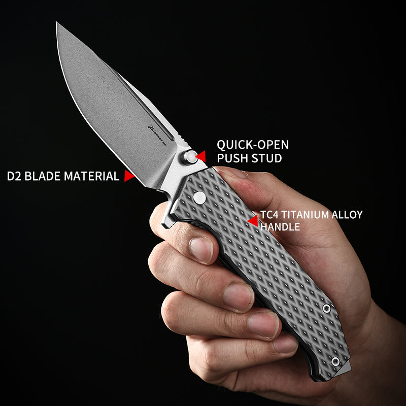 PioneerEDC Titanium Alloy Pocket Knives Folding Knife D2 Steel Blade Multi-Functional Camping Outdoor Self-Defense Knife