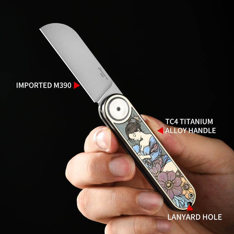 PioneerEDC Titanium Alloy Pocket Knife M390 Blade Folding Knife Pattern Colorful Titanium Carving Pattern Tactical Knife