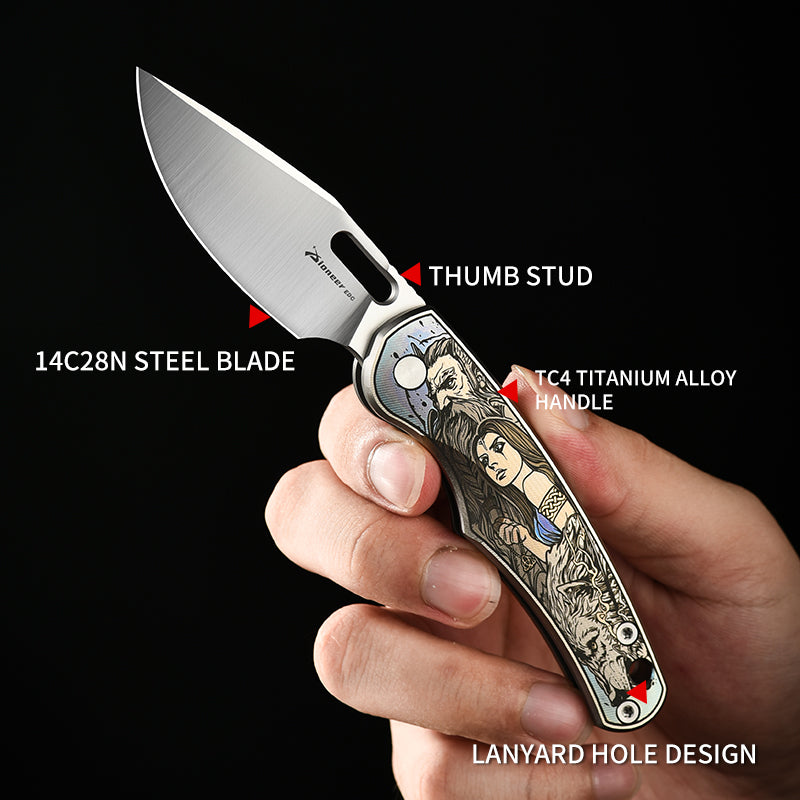 PioneerEDC Titanium Pocket Knife 14C28N Blade Customizable Outdoor Lightweight Camping Titanium Professional Knife Folding Knife