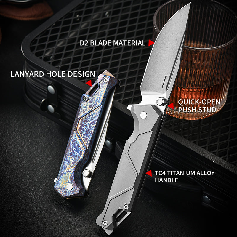 PioneerEDC Titanium Camping Stainless Pocket Knife Premium Folding Knife Plain Edge Self-Defense D2 Steel Folding Knife for Man