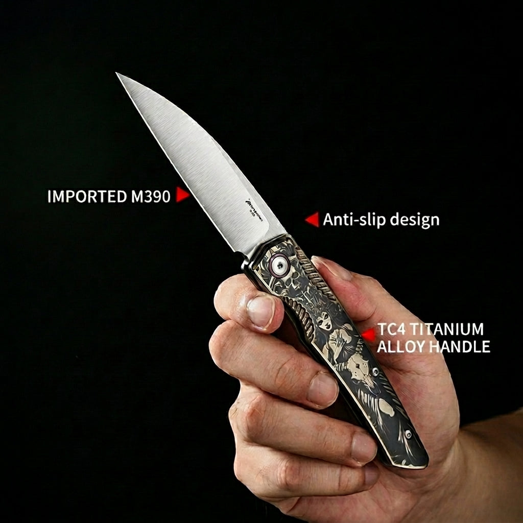 PioneerEDC Titanium Fold Knife M390 Folding Camping Knife Steel Handle Knife Titanium Frame Lock Knife Outdoor Tactical Knife