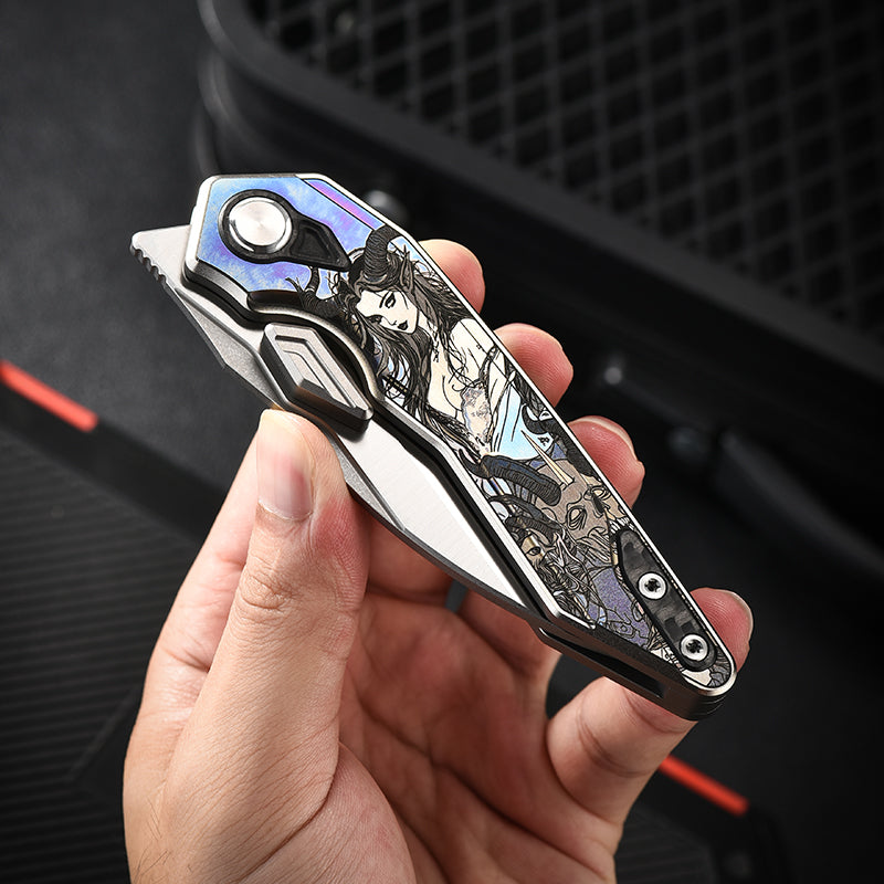 PioneerEDC Titanium Alloy Folding Knife-D2 Steel Blade, Box Cutter Utility Knife for Camping, Hiking & Everyday Carry