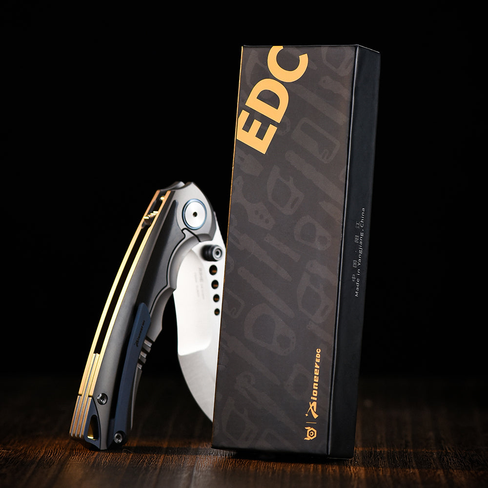 PioneerEDC Titanium Folding Knife Handmade Framelock Titanium Handle Knife Elmax Flipper Knife Titanium with Zirconium Patch