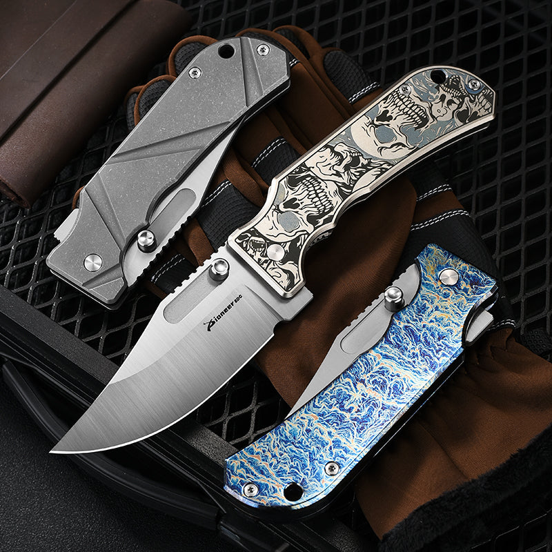 PioneerEDC Folding Knife Gr5 Titanium Handle 2026 Titanium Pocket Knife D2 Steel Blade Carving Titanium Professional Knife