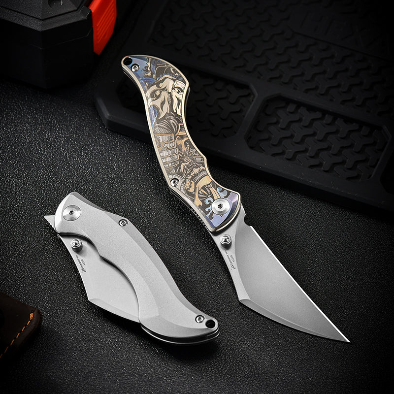 PioneerEDC Titanium Alloy M390 Folding Knife Color-Engraved Portable Outdoor Small Knife Stainless Steel Survival Knife