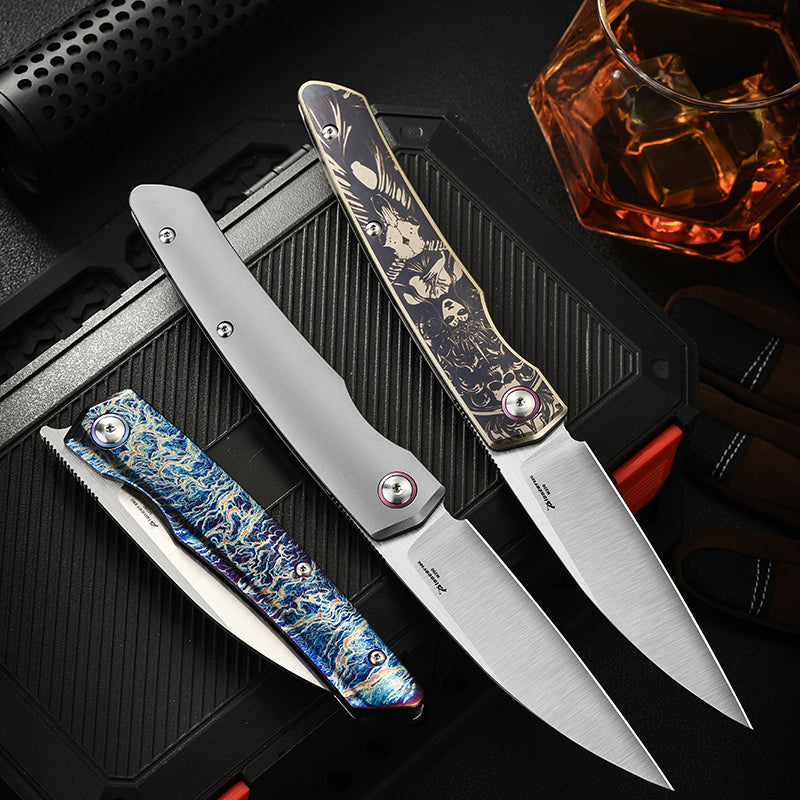 PioneerEDC Titanium Fold Knife M390 Folding Camping Knife Steel Handle Knife Titanium Frame Lock Knife Outdoor Tactical Knife