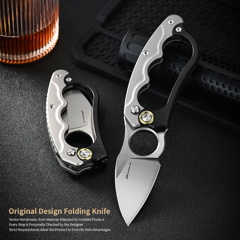 PioneerEDC Original Design Titanium Folding Knife Handmade Engraving Handle Titanium Edc Pocket Knife for Self Defense