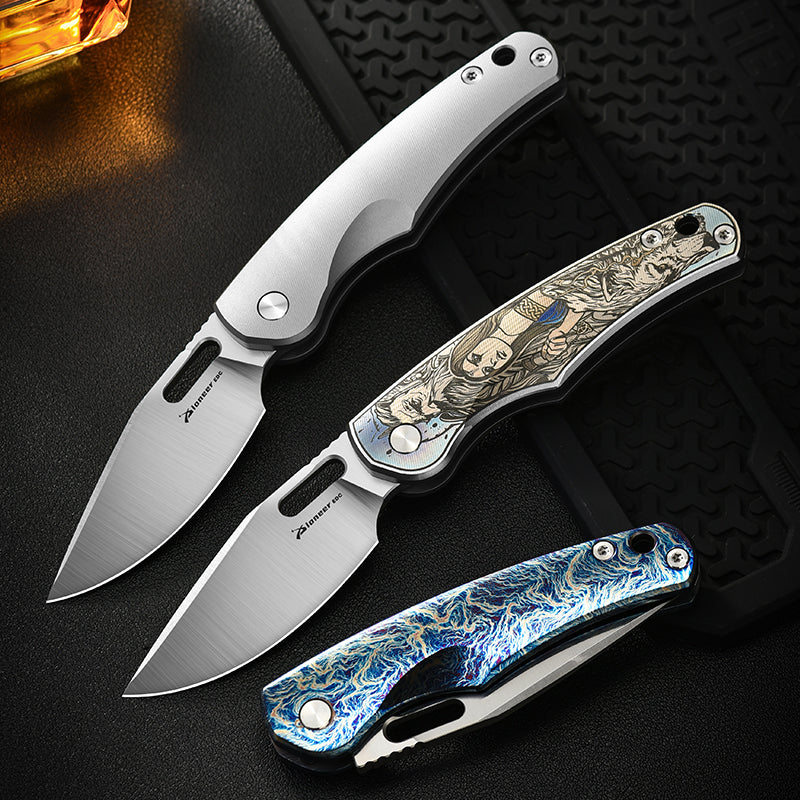 PioneerEDC Titanium Pocket Knife 14C28N Blade Customizable Outdoor Lightweight Camping Titanium Professional Knife Folding Knife