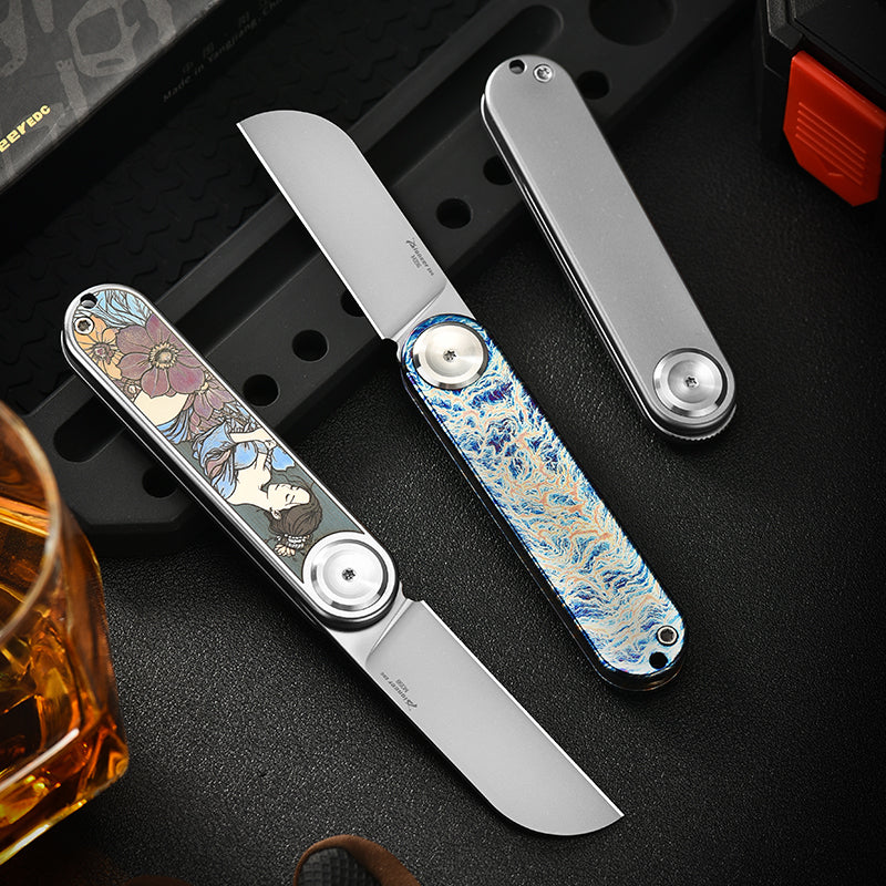 PioneerEDC Titanium Alloy Pocket Knife M390 Blade Folding Knife Pattern Colorful Titanium Carving Pattern Tactical Knife