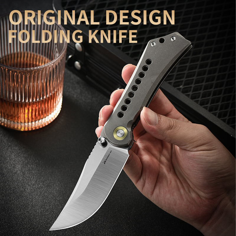 PioneerEDC Titanium Alloy Folding Knife Outdoor Multifunctional Cutting D2 Pocket Knife Plain Edge Knife for Self Defense