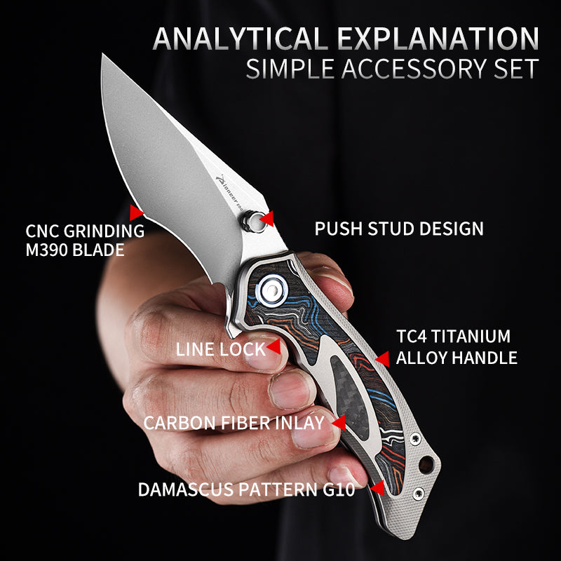 PioneerEDC Luxury Damascus G10 Patten Titanium Pocket Knife Hand Forged Finish Blade Titanium Tactical Knife for Camping