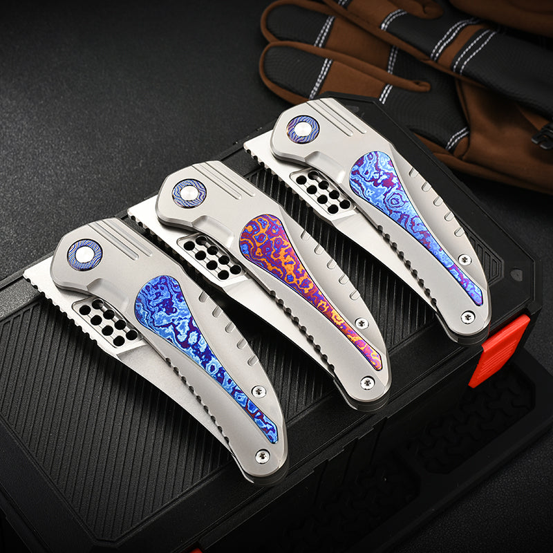 PioneerEDC DIY Titanium Fold Knife M390 Damascus Titanium Handle Outdoor Tactical EDC Pocket Knife