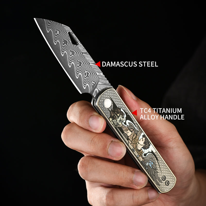 PioneerEDC Folding Knife TC4 Titanium Alloy Damascus Steel Knife Colorful Carving Portable Outdoor Folding Titanium Knives China