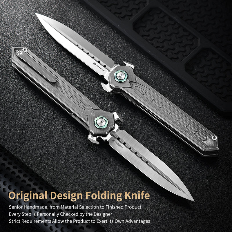 PioneerEDC Tactical Titanium Folding Knife-D2 Steel Blade Stone Wash EDC Pocket Knife 3-Year Warranty