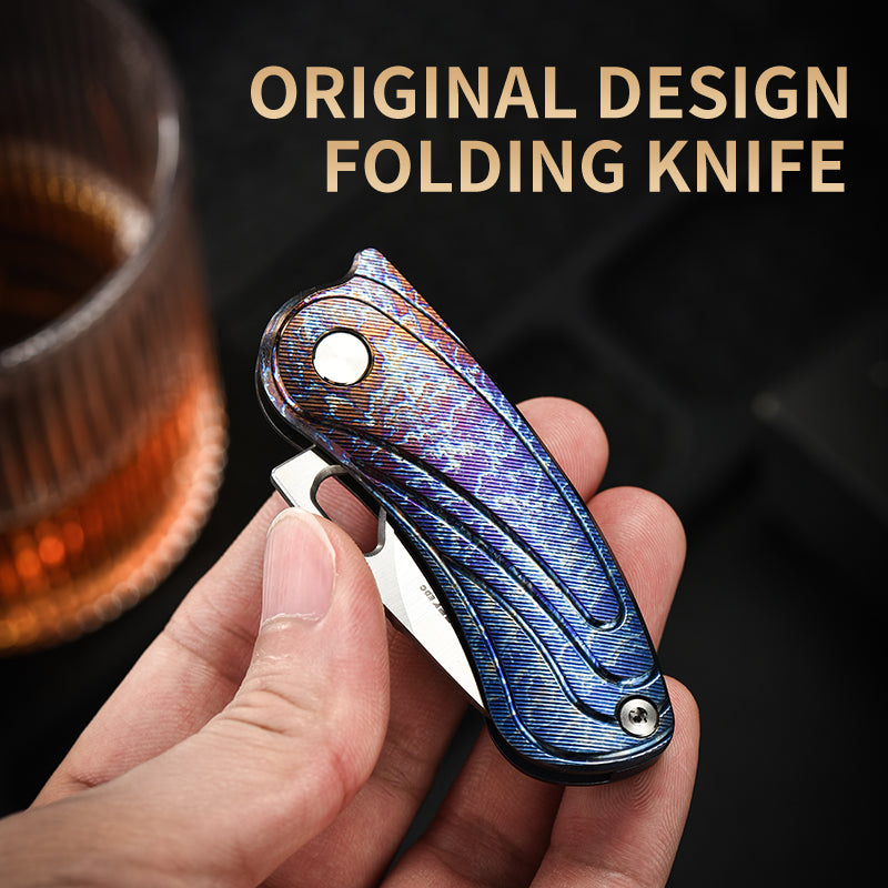 PioneerEDC Tactical Titanium Folding Knife-14C28N Steel Blade Portable Survival Knife for Camping Adventure Self-Defense