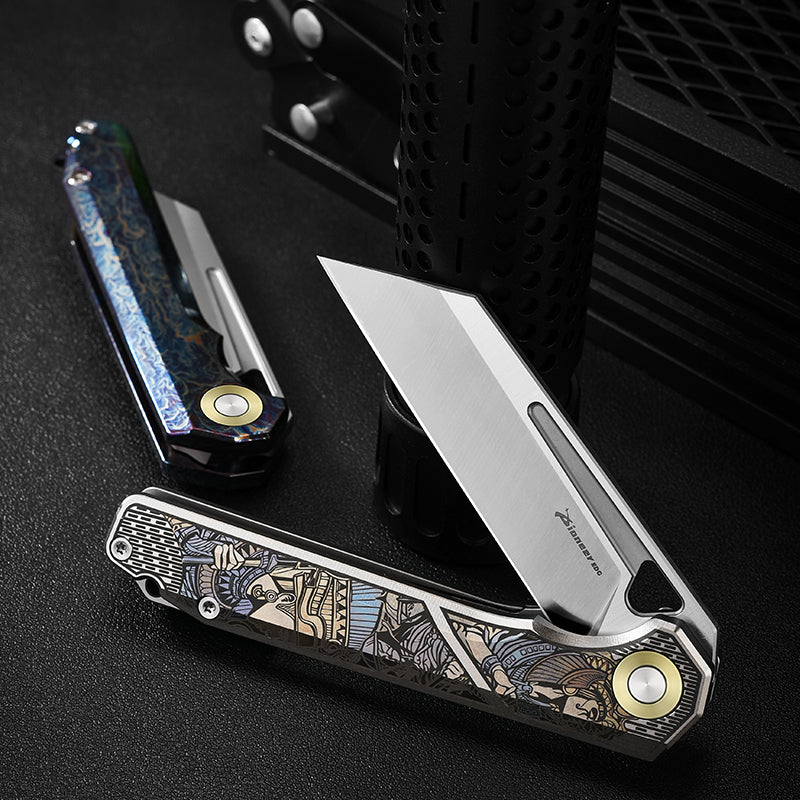 PioneerEDC 2026 Original Design Titanium Pocket Knife Straight Back Titanium Edc Folding Knife D2 Premium Titanium Blue Knife