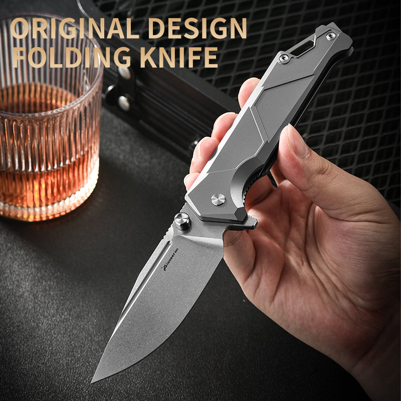 PioneerEDC Titanium Camping Stainless Pocket Knife Premium Folding Knife Plain Edge Self-Defense D2 Steel Folding Knife for Man