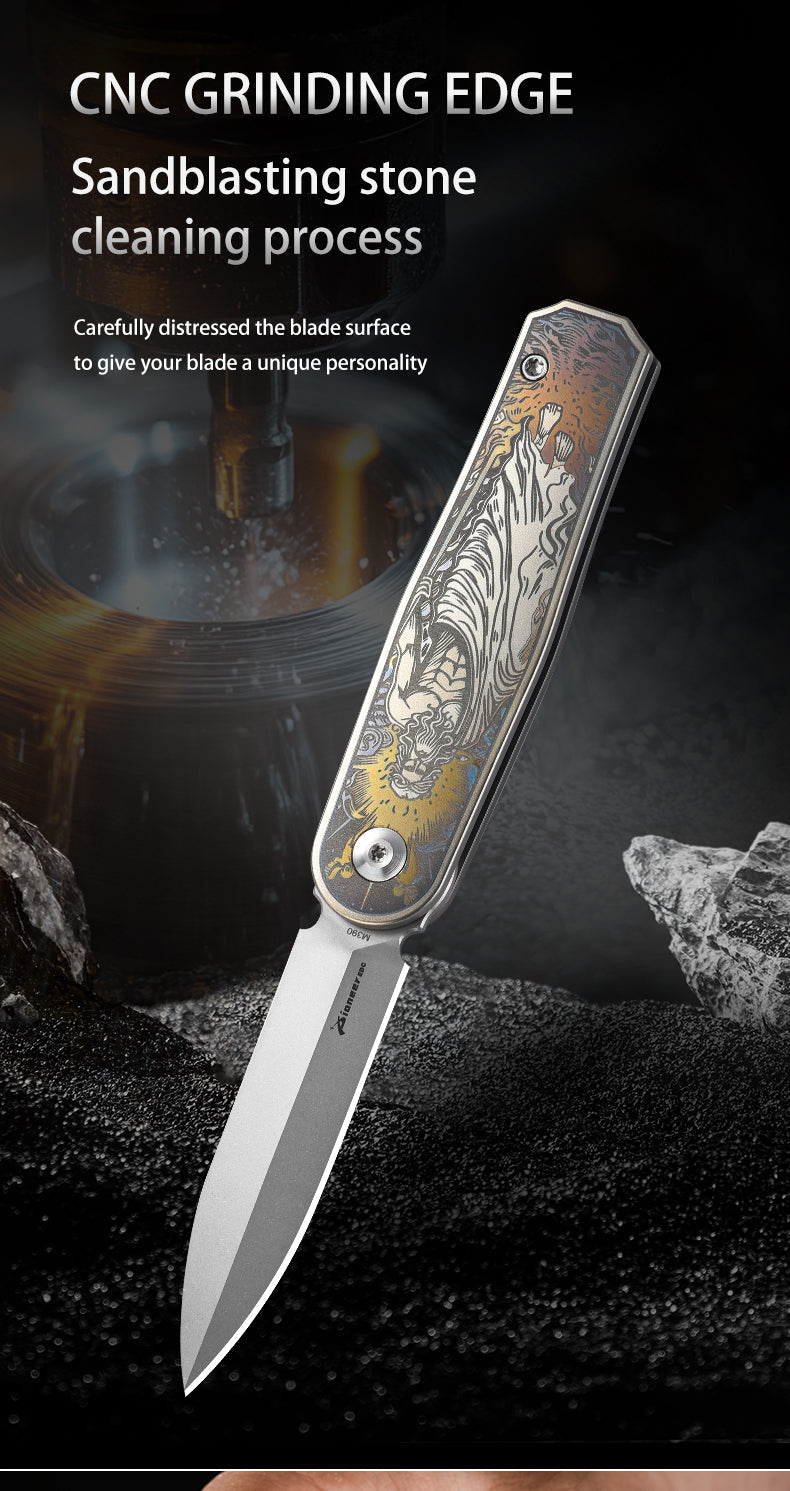 PioneerEDC M390 Blade Pocket Knife Premium TC4 Titanium Folding Knife EDC Tactical Knife for Outdoor Survival