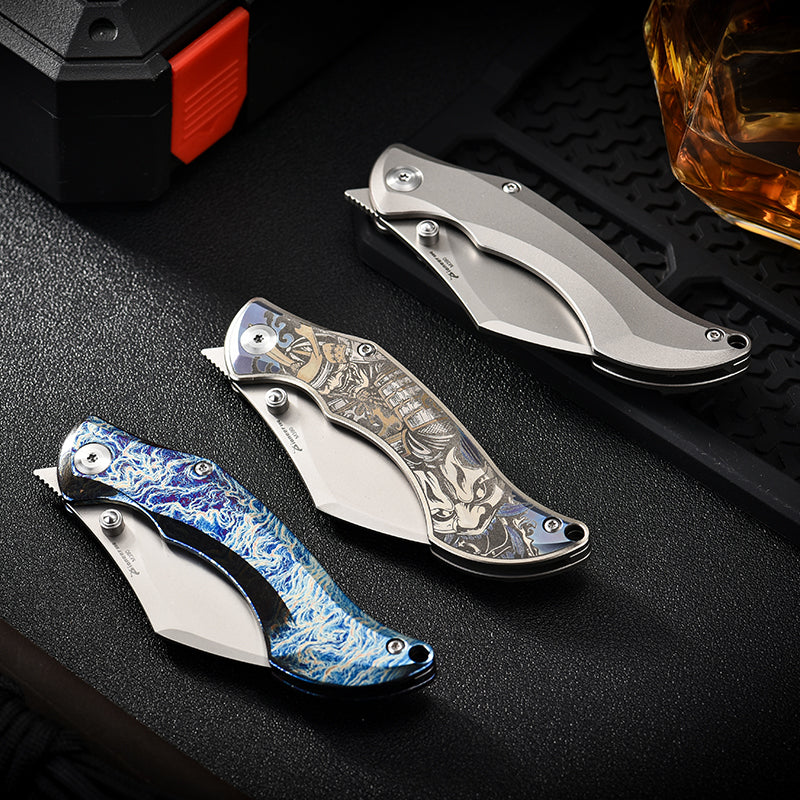 PioneerEDC Titanium Alloy M390 Folding Knife Color-Engraved Portable Outdoor Small Knife Stainless Steel Survival Knife