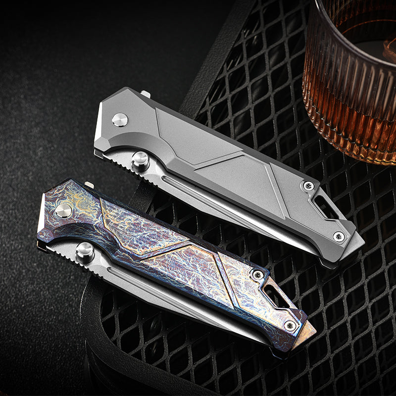 PioneerEDC Titanium Camping Stainless Pocket Knife Premium Folding Knife Plain Edge Self-Defense D2 Steel Folding Knife for Man