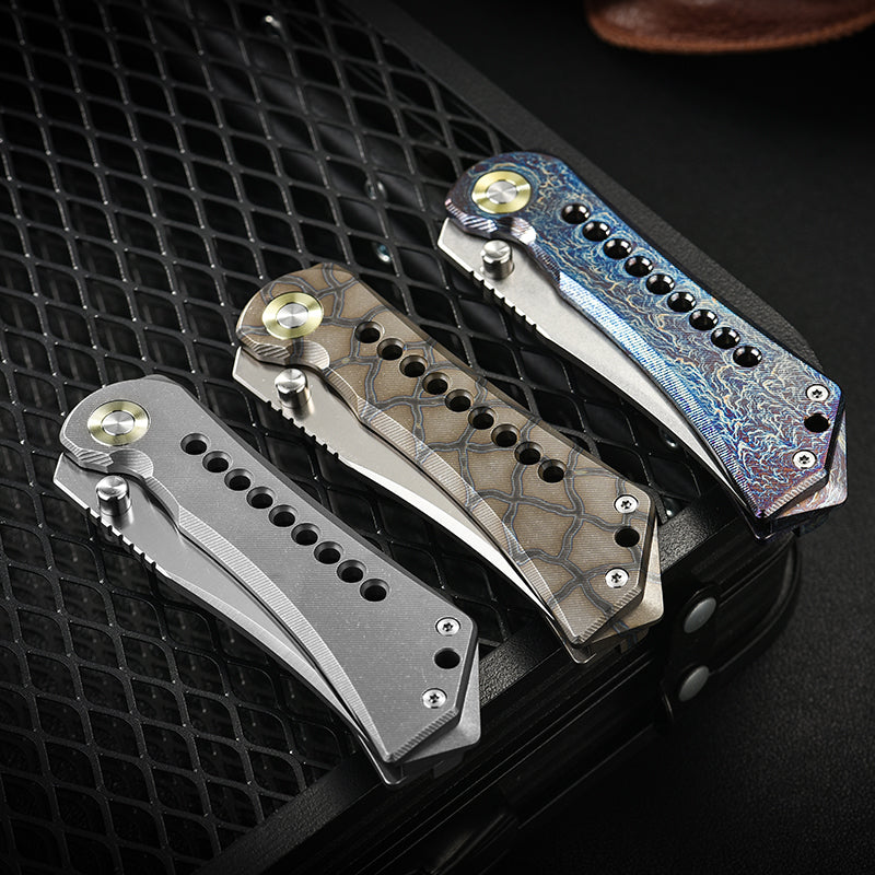 PioneerEDC Titanium Alloy Folding Knife Outdoor Multifunctional Cutting D2 Pocket Knife Plain Edge Knife for Self Defense