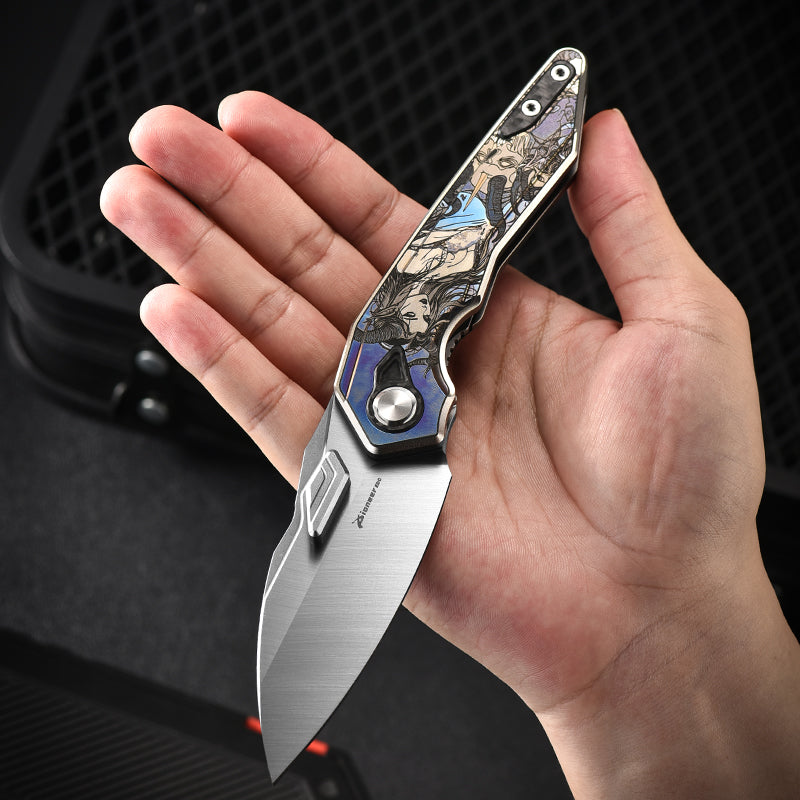 PioneerEDC Titanium Alloy Folding Knife-D2 Steel Blade, Box Cutter Utility Knife for Camping, Hiking & Everyday Carry