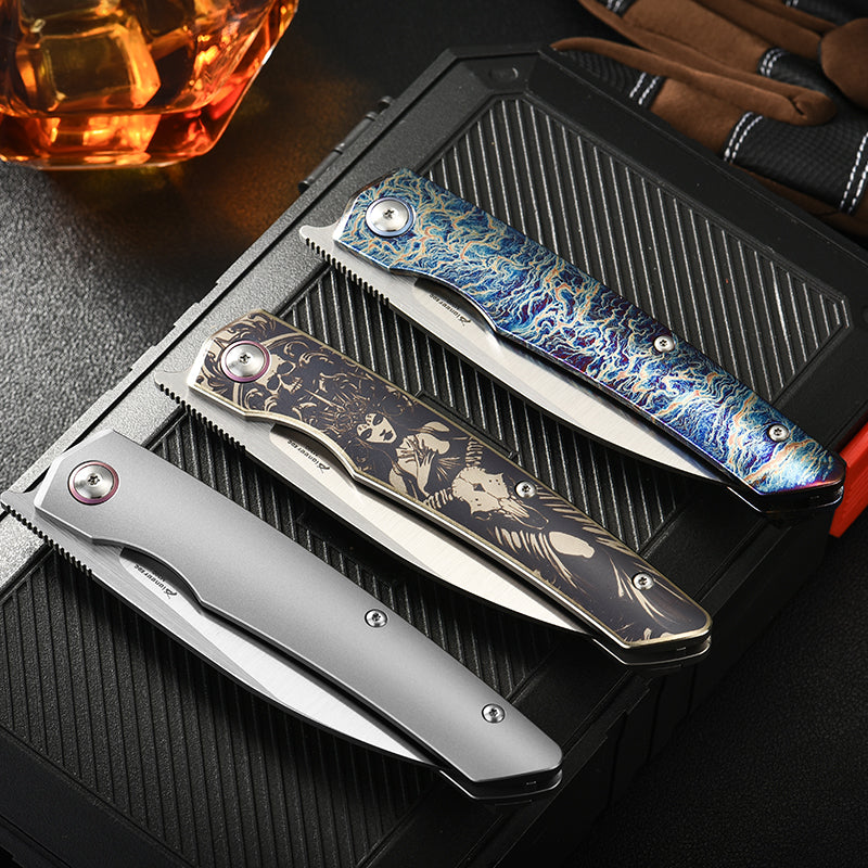 PioneerEDC Titanium Fold Knife M390 Folding Camping Knife Steel Handle Knife Titanium Frame Lock Knife Outdoor Tactical Knife
