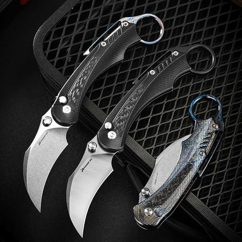 PioneerEDC TC4 Titanium Alloy Camping Folding Knife lighting blue Titanium knife with carbon fiber patch