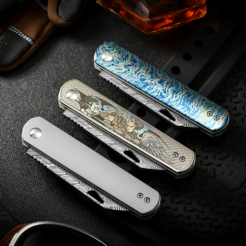 PioneerEDC Folding Knife TC4 Titanium Alloy Damascus Steel Knife Colorful Carving Portable Outdoor Folding Titanium Knives China