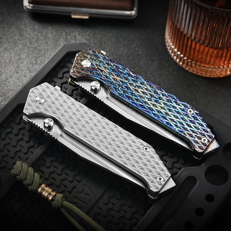 PioneerEDC Titanium Alloy Pocket Knives Folding Knife D2 Steel Blade Multi-Functional Camping Outdoor Self-Defense Knife