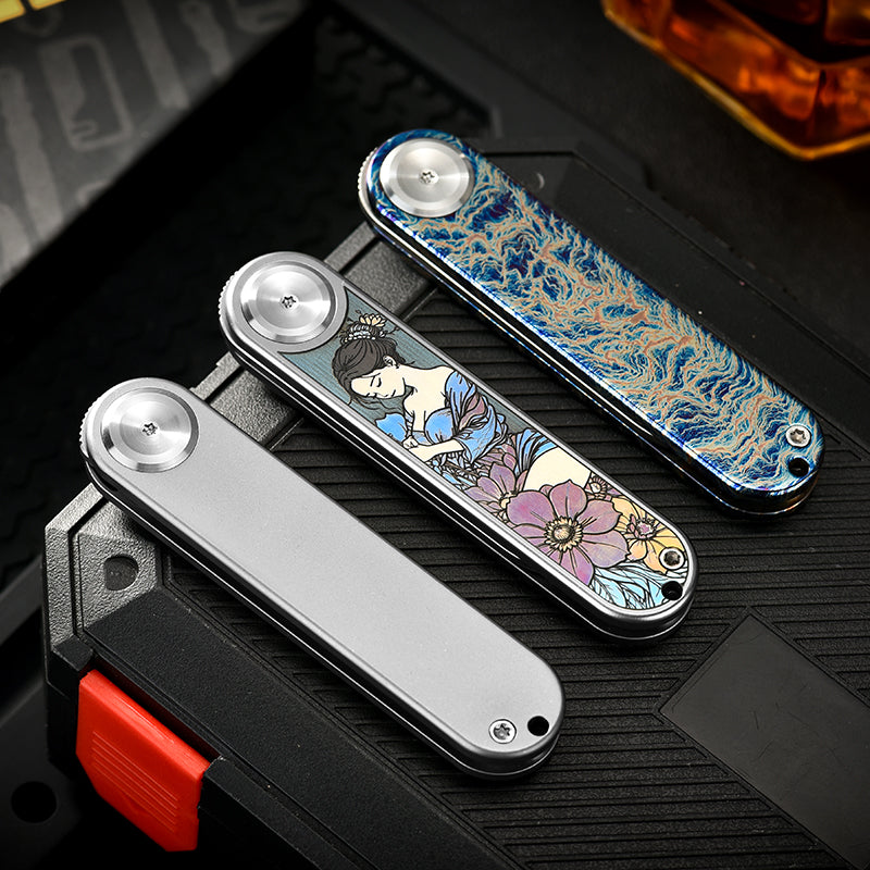 PioneerEDC Titanium Alloy Pocket Knife M390 Blade Folding Knife Pattern Colorful Titanium Carving Pattern Tactical Knife