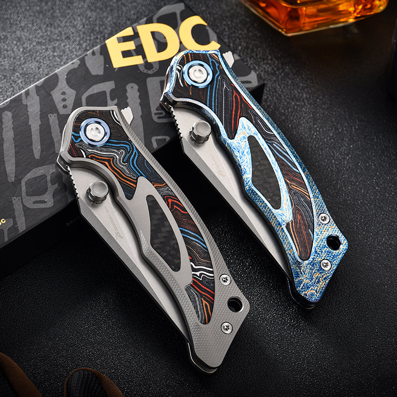 PioneerEDC Luxury Damascus G10 Patten Titanium Pocket Knife Hand Forged Finish Blade Titanium Tactical Knife for Camping
