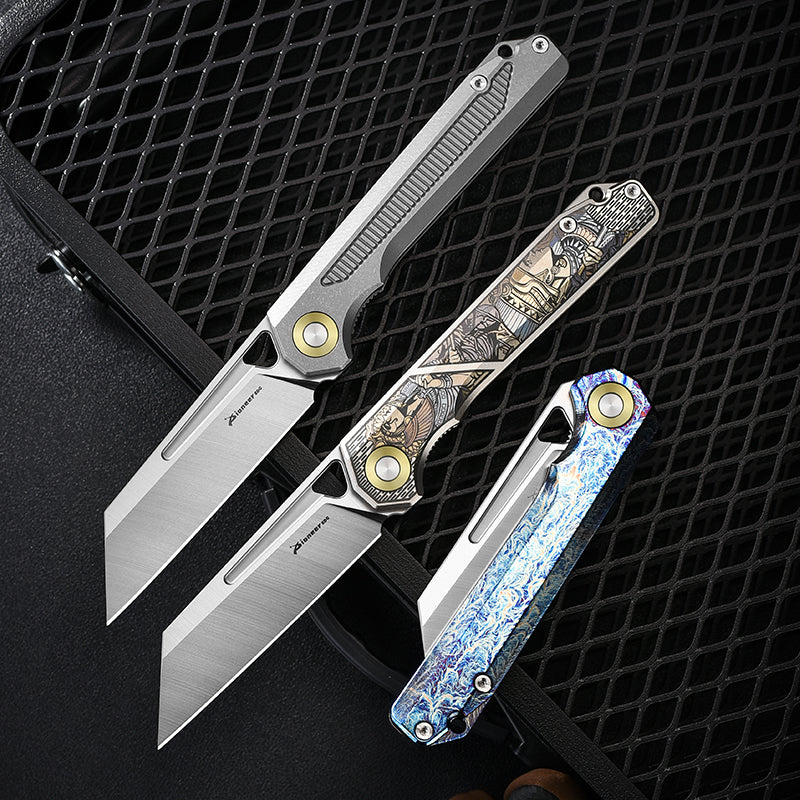 PioneerEDC 2026 Original Design Titanium Pocket Knife Straight Back Titanium Edc Folding Knife D2 Premium Titanium Blue Knife