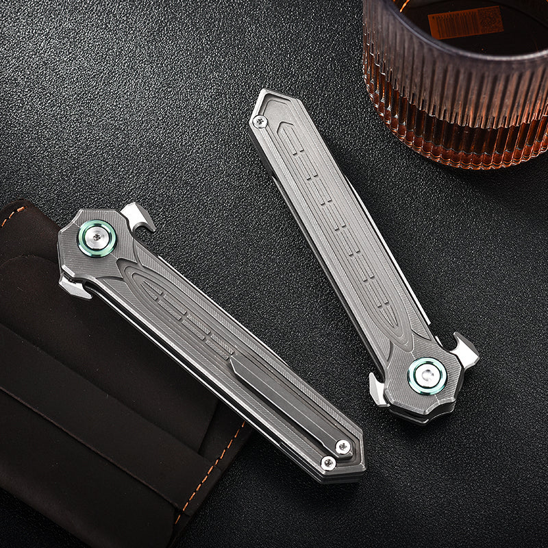 PioneerEDC Tactical Titanium Folding Knife-D2 Steel Blade Stone Wash EDC Pocket Knife 3-Year Warranty