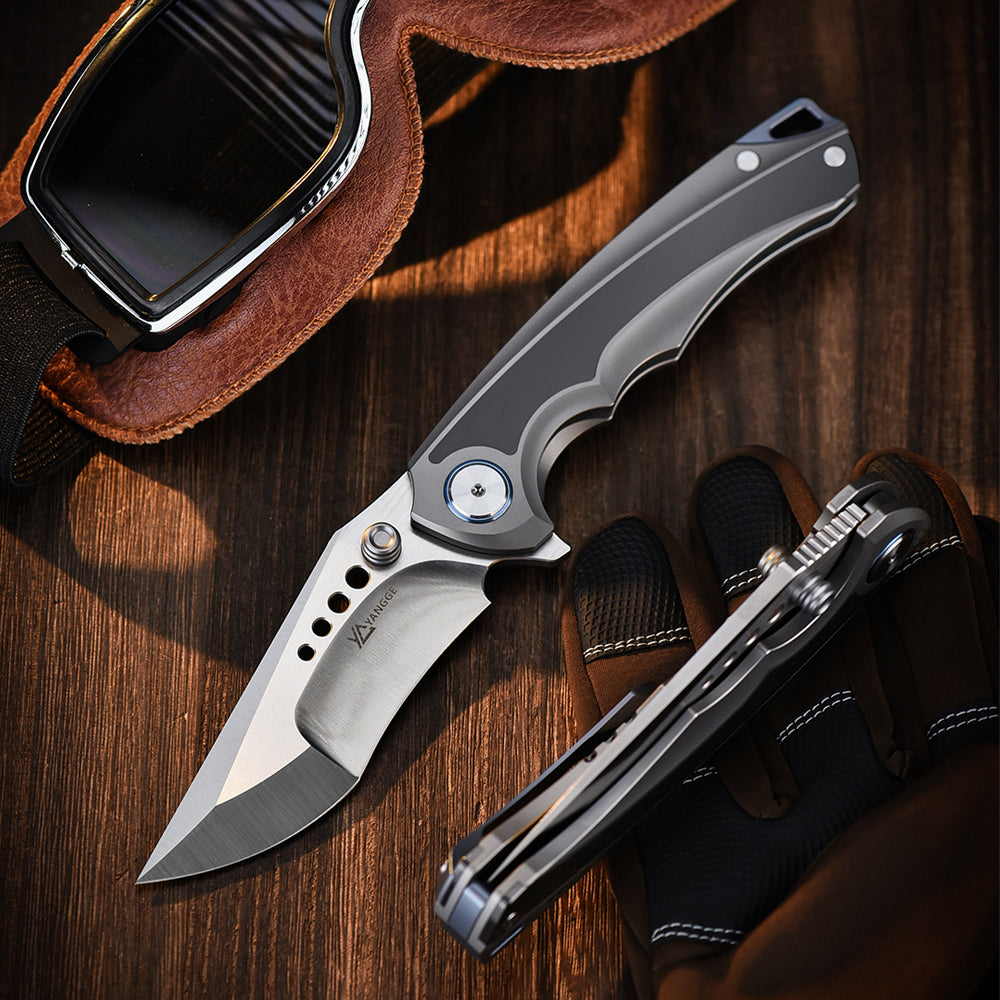 PioneerEDC Titanium Folding Knife Handmade Framelock Titanium Handle Knife Elmax Flipper Knife Titanium with Zirconium Patch