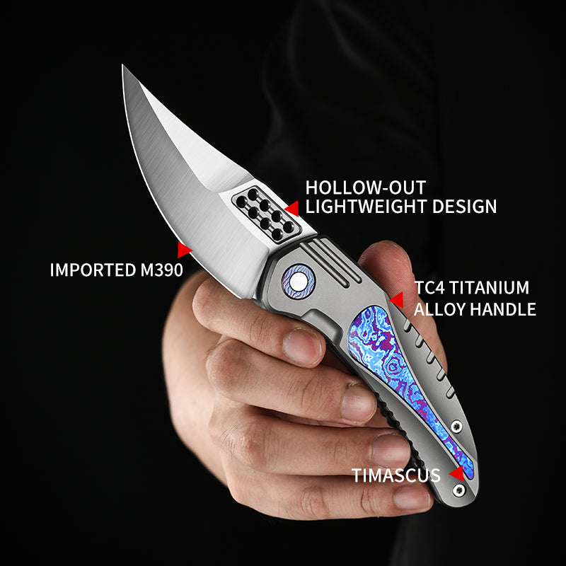 PioneerEDC DIY Titanium Fold Knife M390 Damascus Titanium Handle Outdoor Tactical EDC Pocket Knife